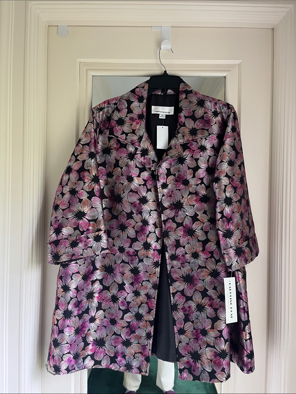 Caroline Rose Metallic Floral Coat — Pink, Black & Silver